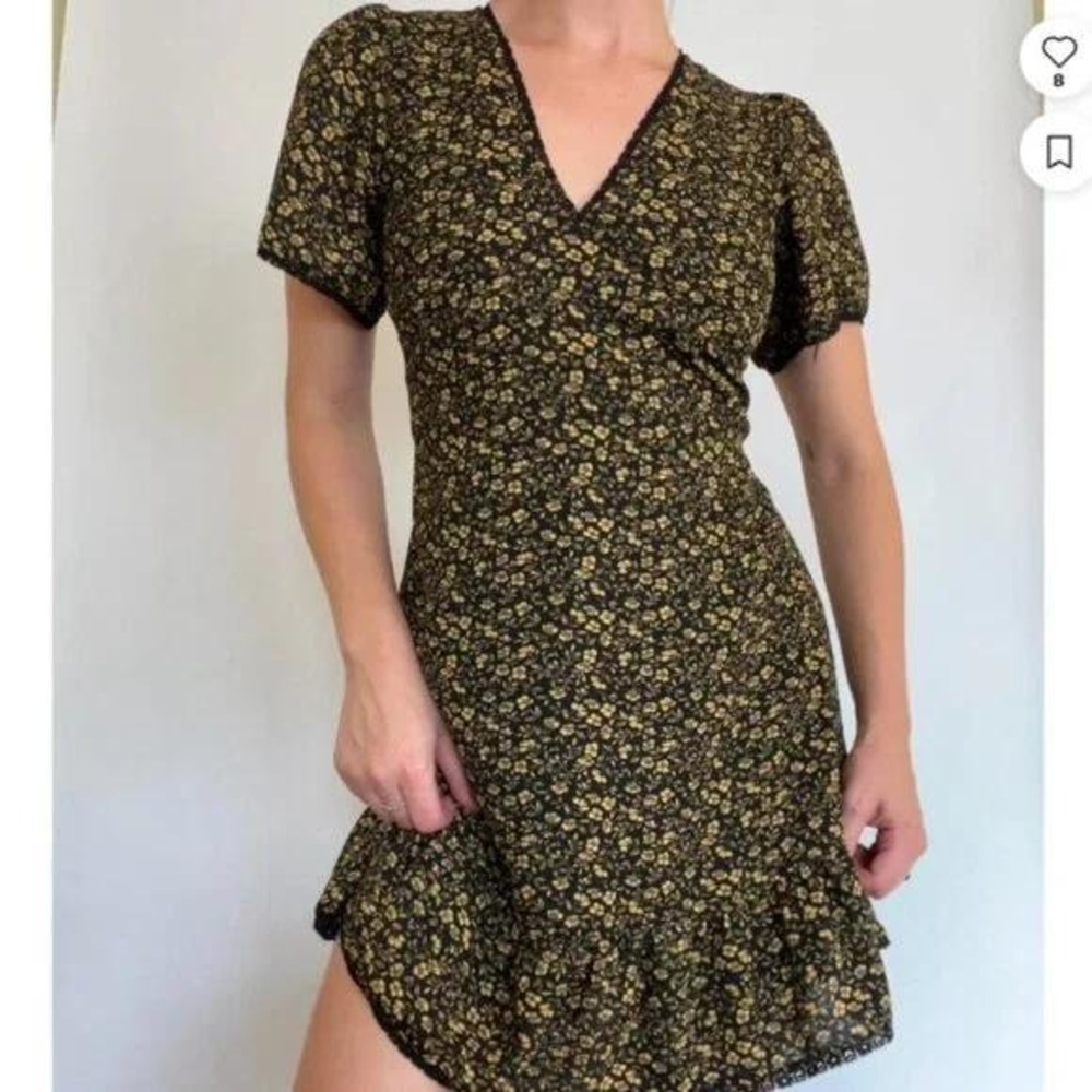 Urban Outfitters Black Yellow Floral Lace‎ Trim Tie Back Ruffle Mini Dress US M